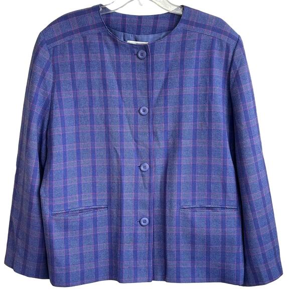 Pendleton Vintage Button Down Blue Plaid Collarless Blazer Size 22 - Picture 1 of 13